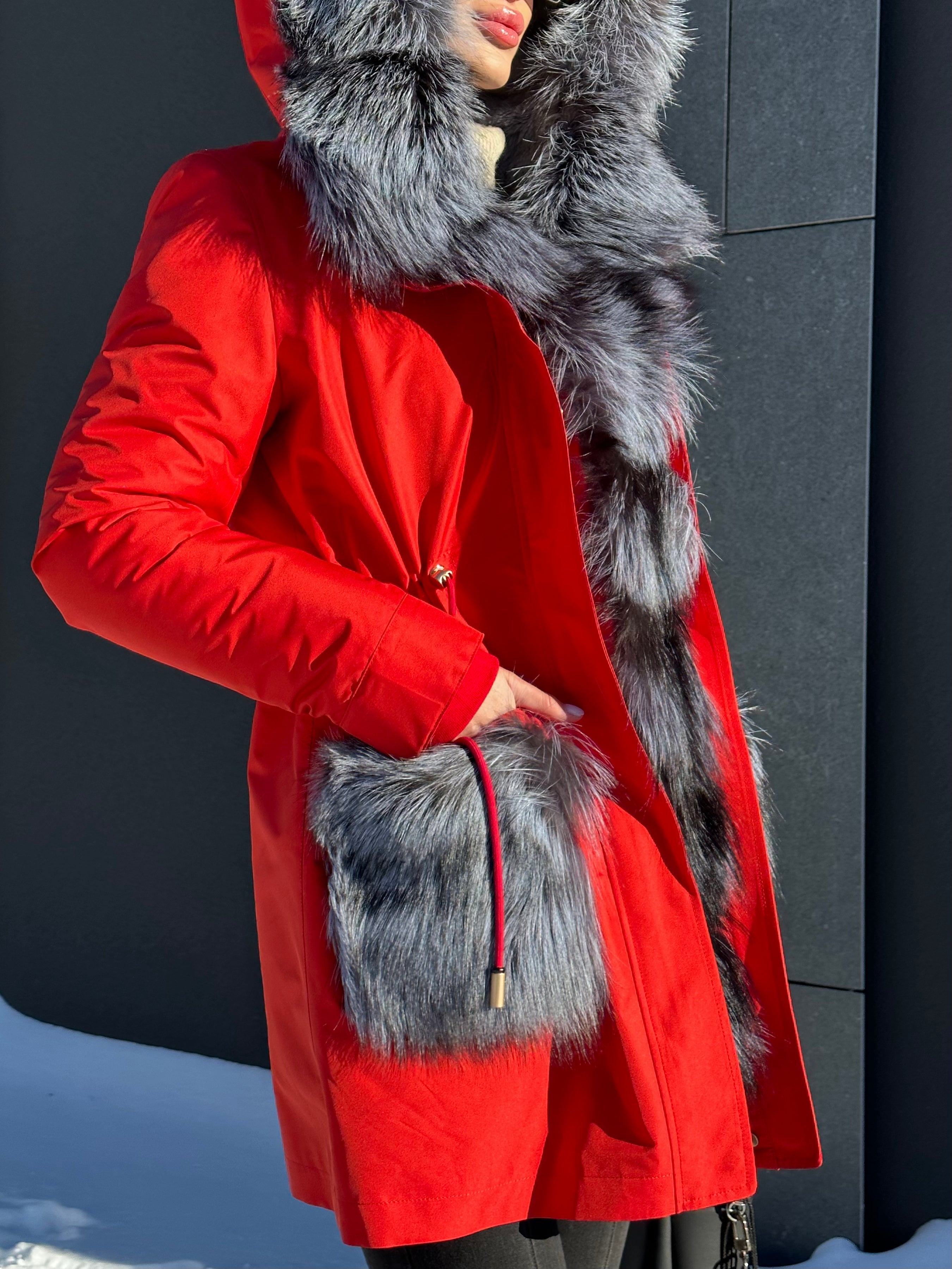 Roma Genuine Silver Fox Fur Rabbit Fur Insulated Parka in Red Alaska® Outerwear Company