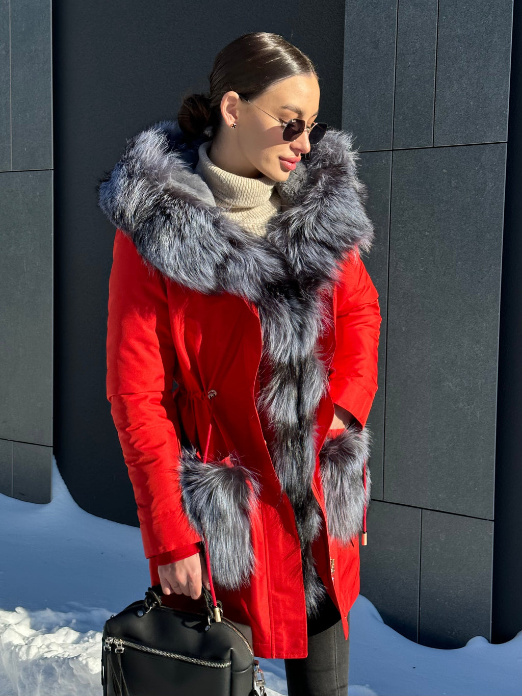Roma Genuine Silver Fox Fur Rabbit Fur Insulated Parka in Red Alaska® Outerwear Company