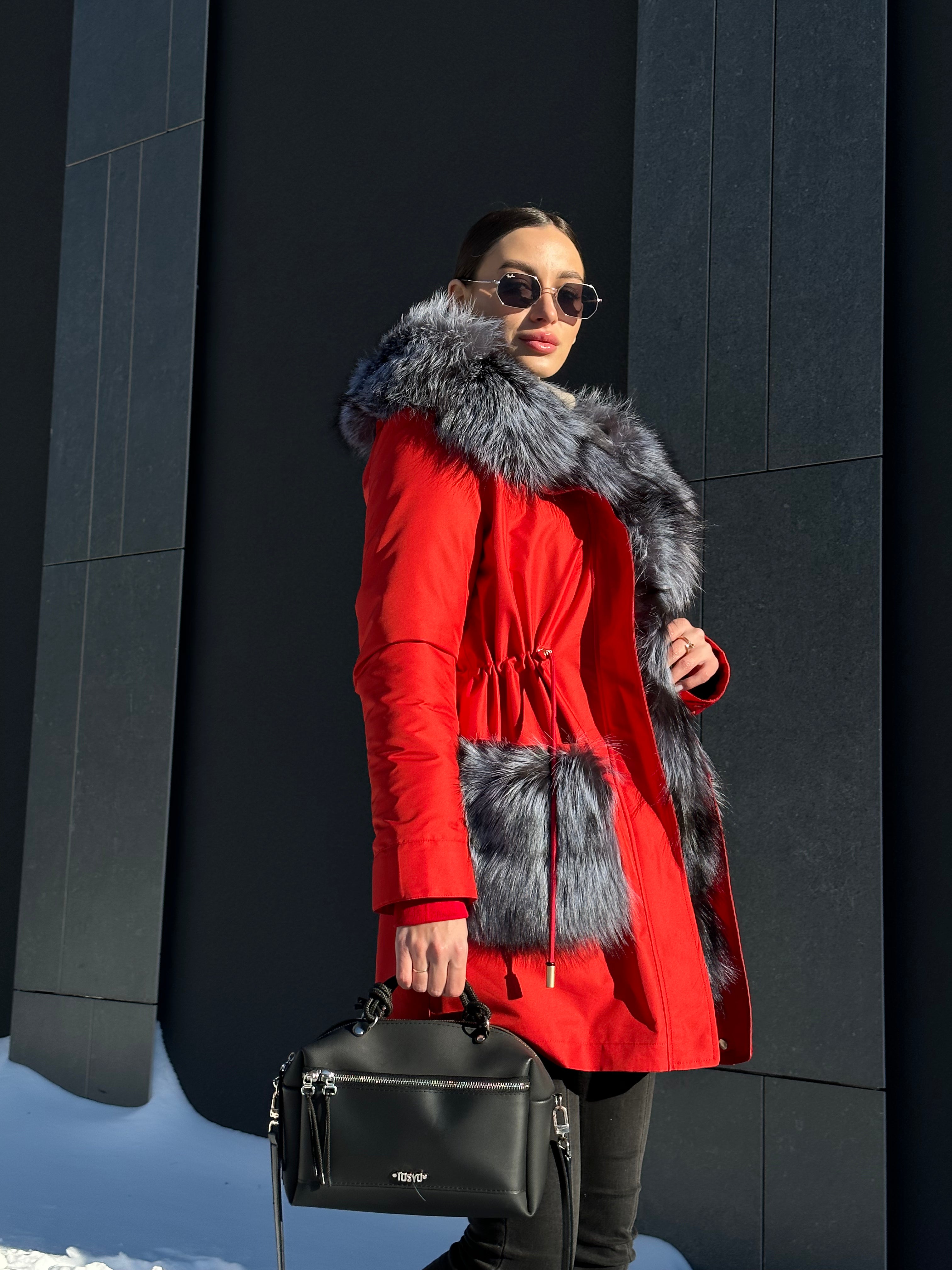 Roma Genuine Silver Fox Fur Rabbit Fur Insulated Parka in Red Alaska® Outerwear Company