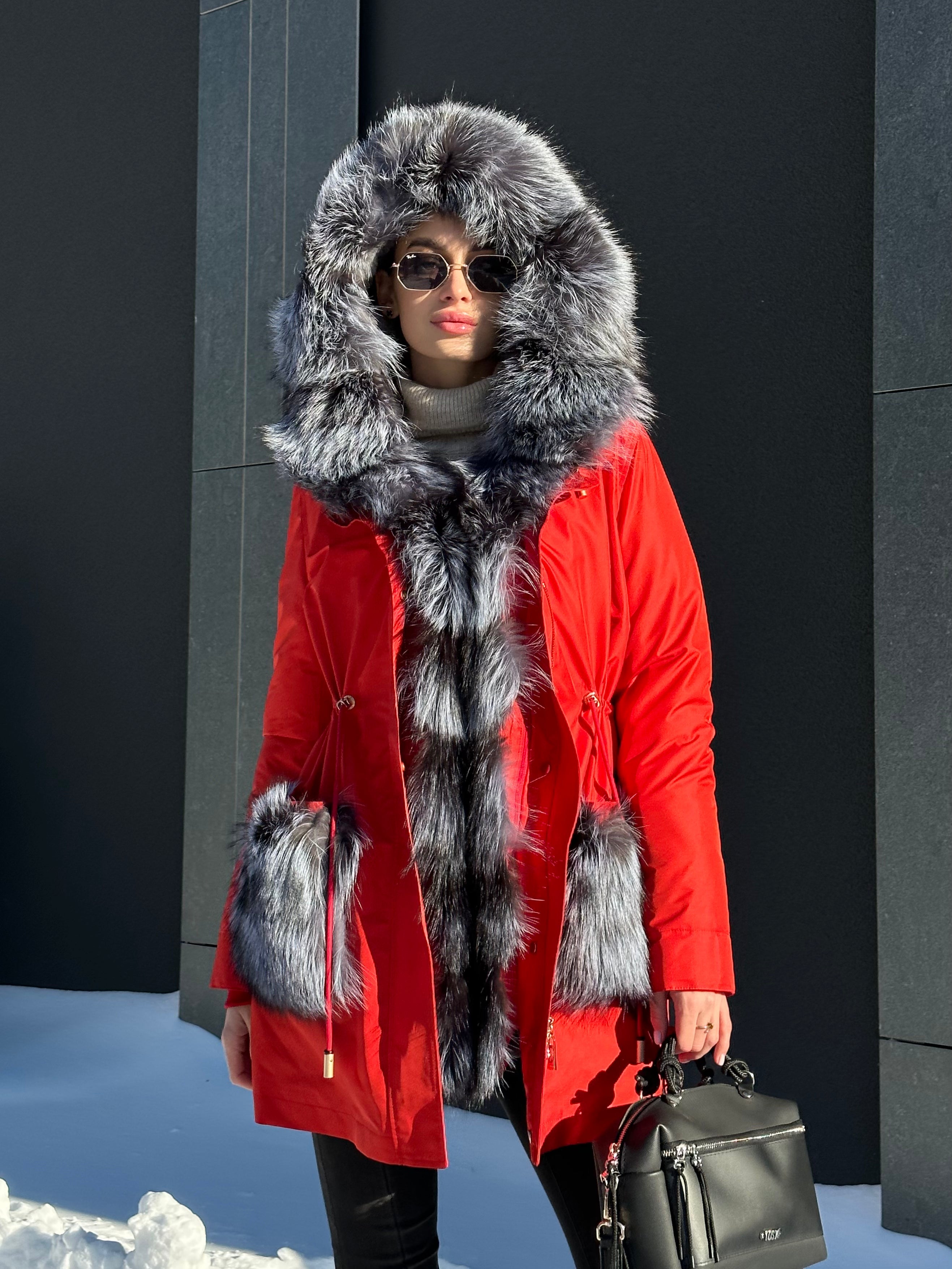 Roma Genuine Silver Fox Fur Rabbit Fur Insulated Parka in Red Alaska® Outerwear Company