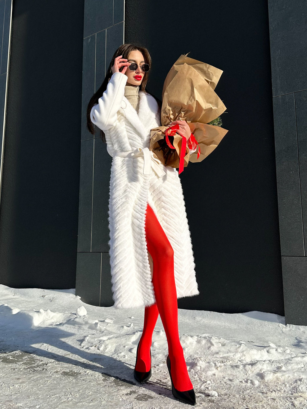 Genuine Mink Fur Rex Fur Trim Virgin Wool Coat in White - SJB-DIAMOND ELITES