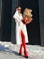 Genuine Mink Fur Rex Fur Trim Virgin Wool Coat in White - SJB-DIAMOND ELITES