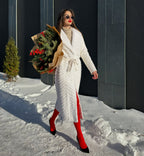 Genuine Mink Fur Rex Fur Trim Virgin Wool Coat in White - SJB-DIAMOND ELITES