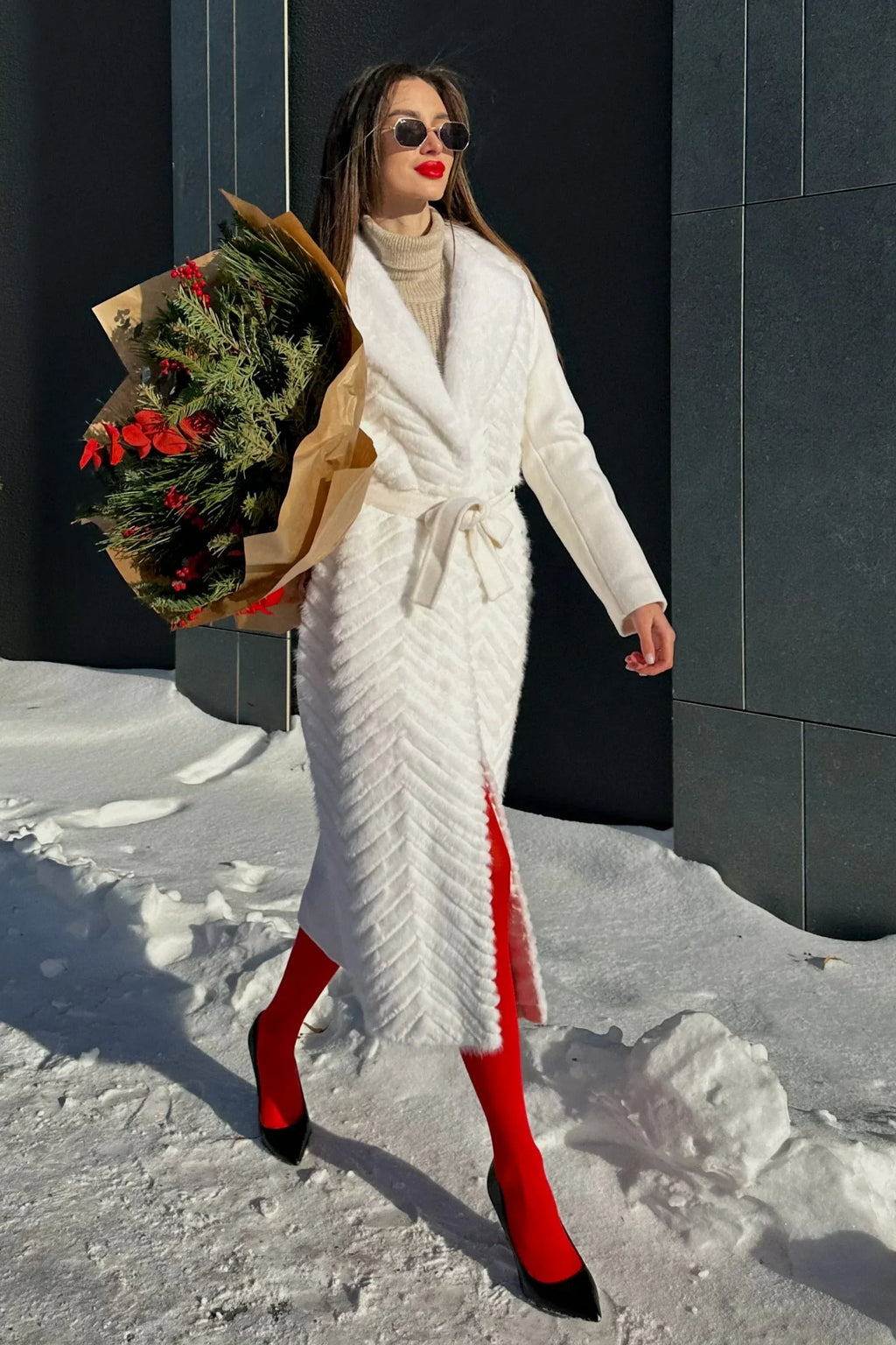 Genuine Mink Fur Rex Fur Trim Virgin Wool Coat in White - SJB-DIAMOND ELITES