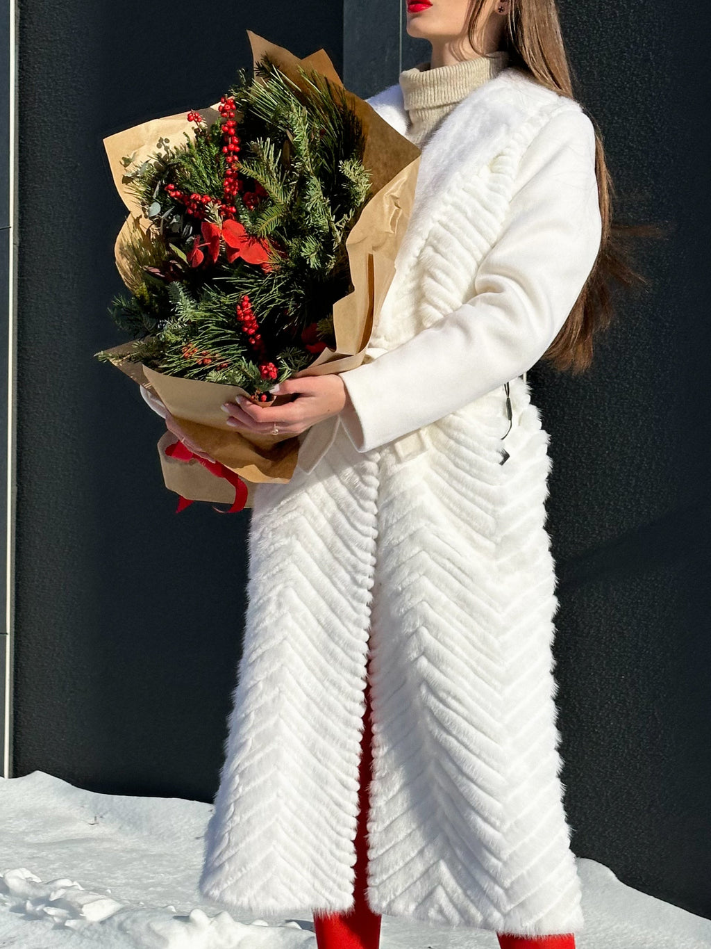 Genuine Mink Fur Rex Fur Trim Virgin Wool Coat in White - SJB-DIAMOND ELITES