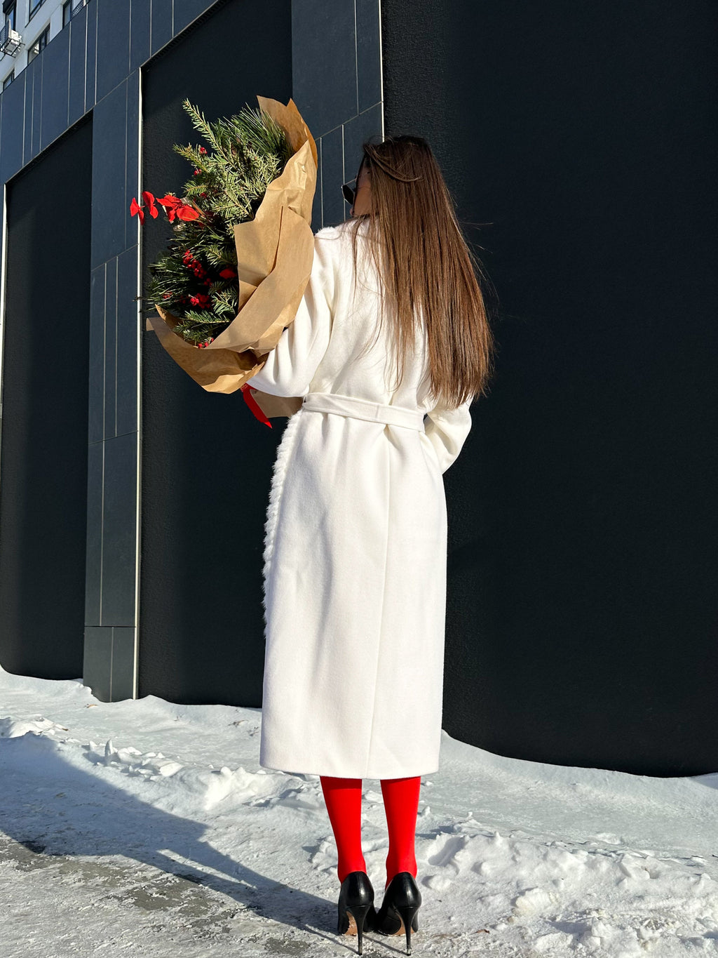 Genuine Mink Fur Rex Fur Trim Virgin Wool Coat in White - SJB-DIAMOND ELITES