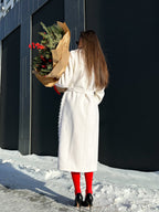 Genuine Mink Fur Rex Fur Trim Virgin Wool Coat in White - SJB-DIAMOND ELITES