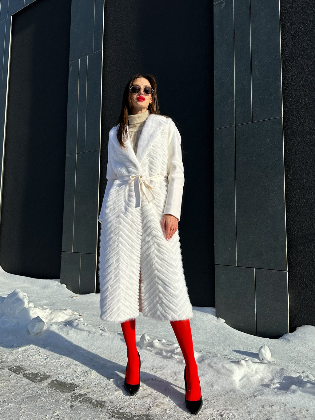 Genuine Mink Fur Rex Fur Trim Virgin Wool Coat in White - SJB-DIAMOND ELITES