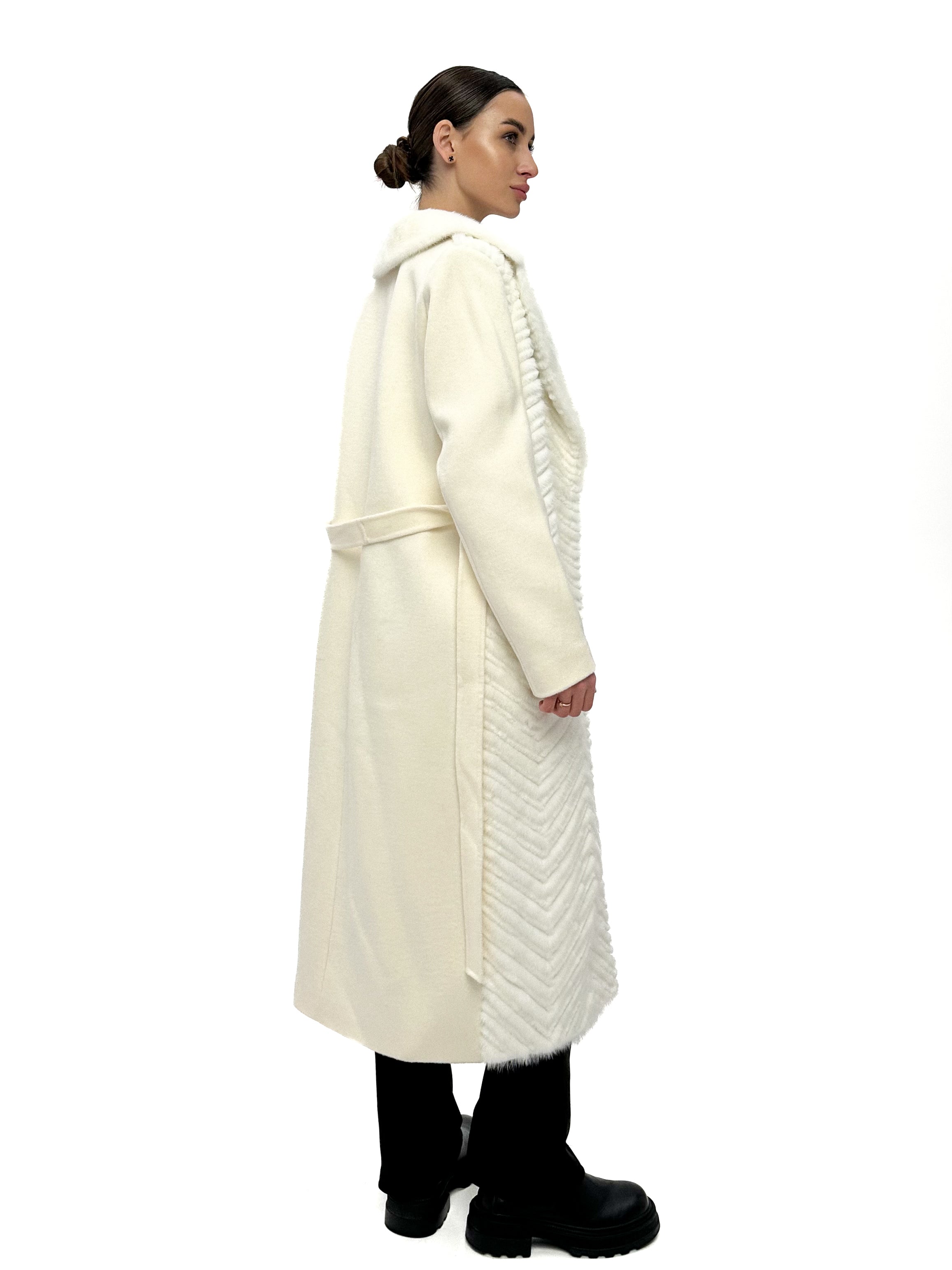 Genuine Mink Fur Rex Fur Trim Virgin Wool Coat in White - SJB-DIAMOND ELITES