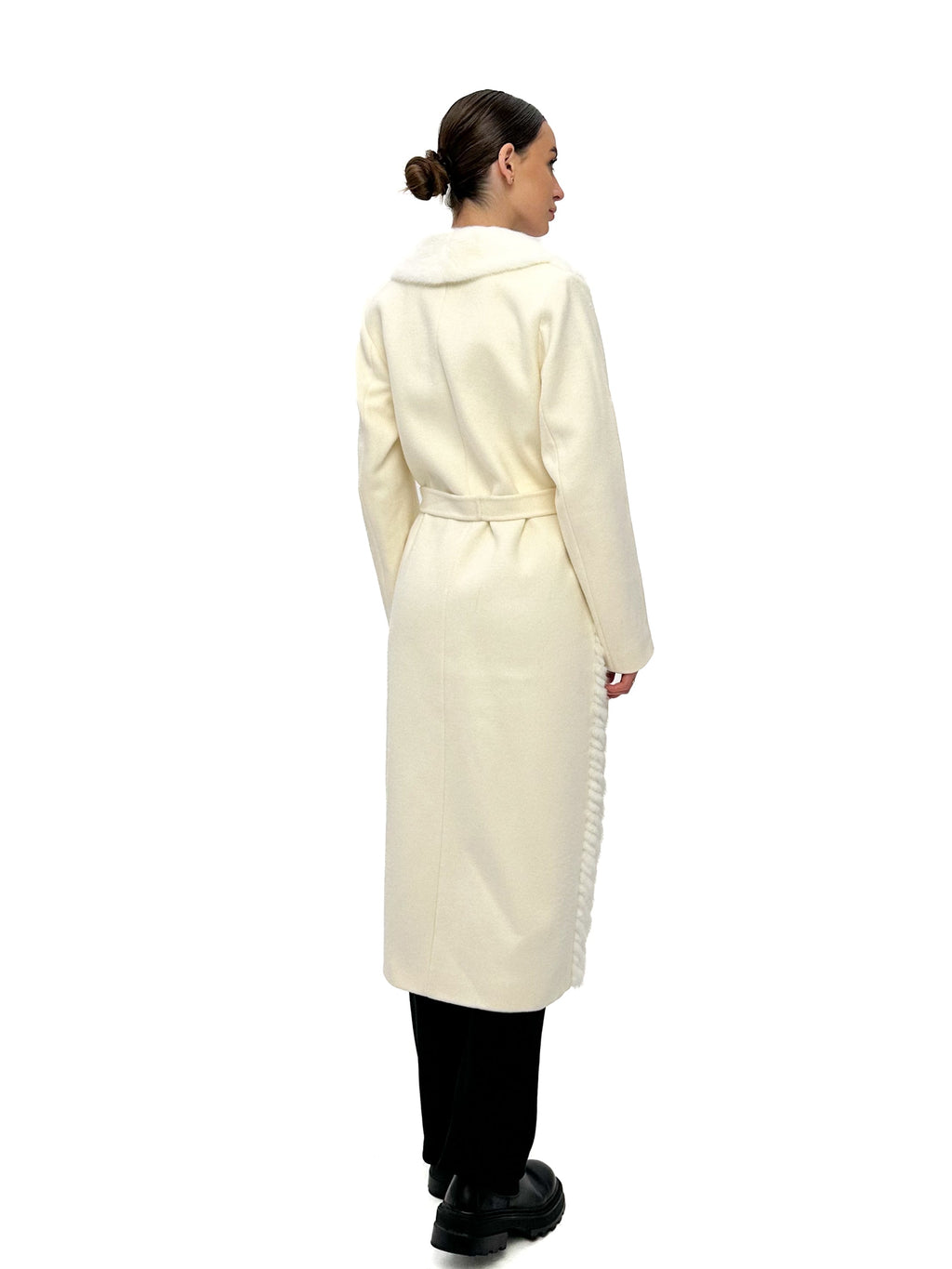 Genuine Mink Fur Rex Fur Trim Virgin Wool Coat in White - SJB-DIAMOND ELITES