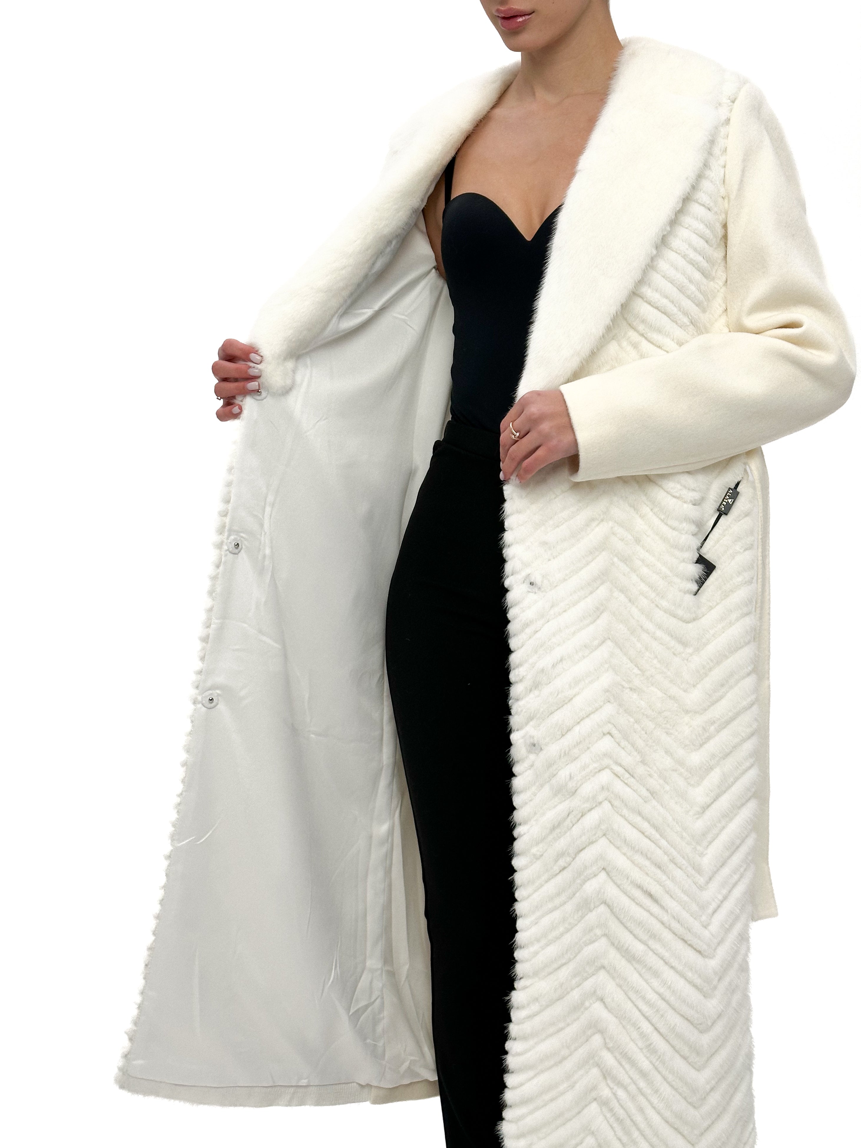 Genuine Mink Fur Rex Fur Trim Virgin Wool Coat in White - SJB-DIAMOND ELITES