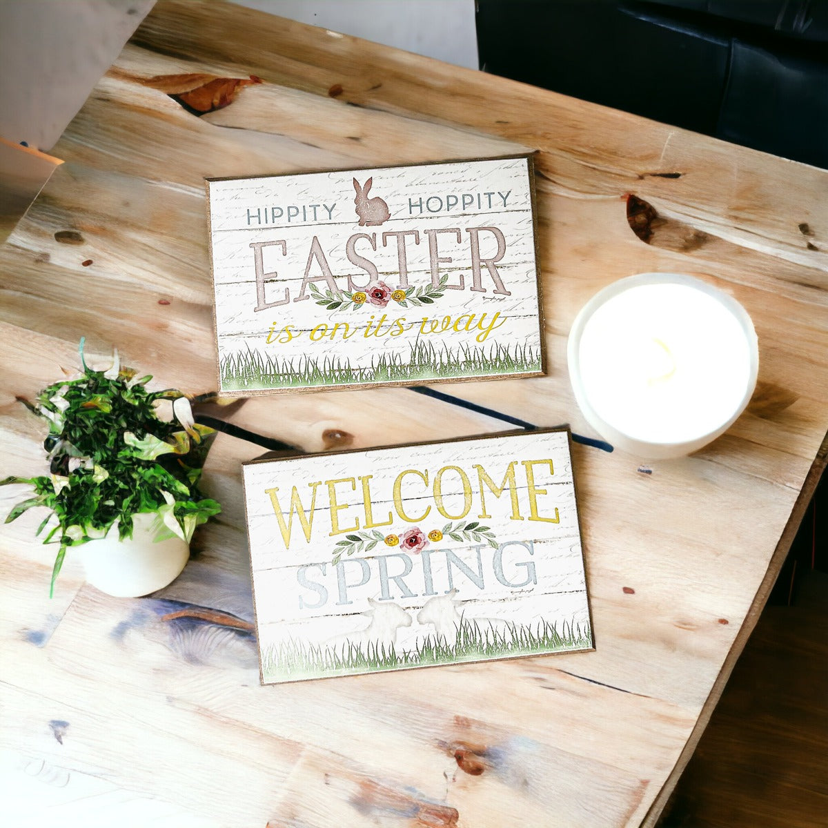 Easter Spring Floral Block Signs Set - Watercolor Bunny and Hippity Hoppity BandsCo Straps