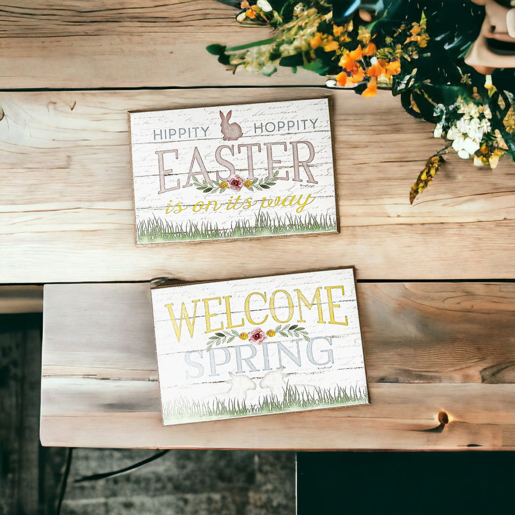 Easter Spring Floral Block Signs Set - Watercolor Bunny and Hippity Hoppity BandsCo Straps