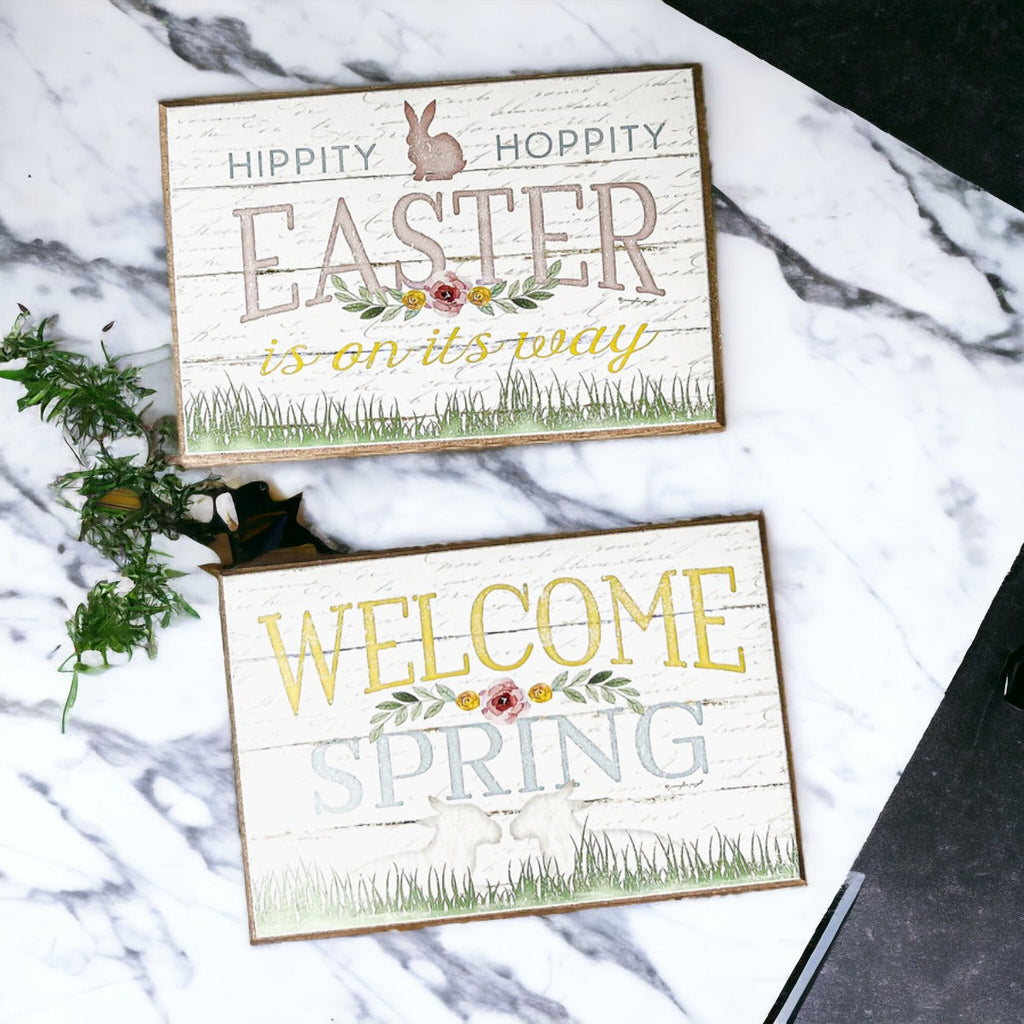 Easter Spring Floral Block Signs Set - Watercolor Bunny and Hippity Hoppity BandsCo Straps