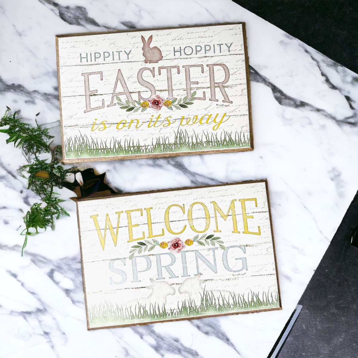 Easter Spring Floral Block Signs Set - Watercolor Bunny and Hippity Hoppity BandsCo Straps
