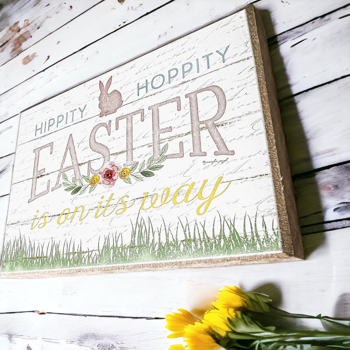 Easter Spring Floral Block Signs Set - Watercolor Bunny and Hippity Hoppity BandsCo Straps