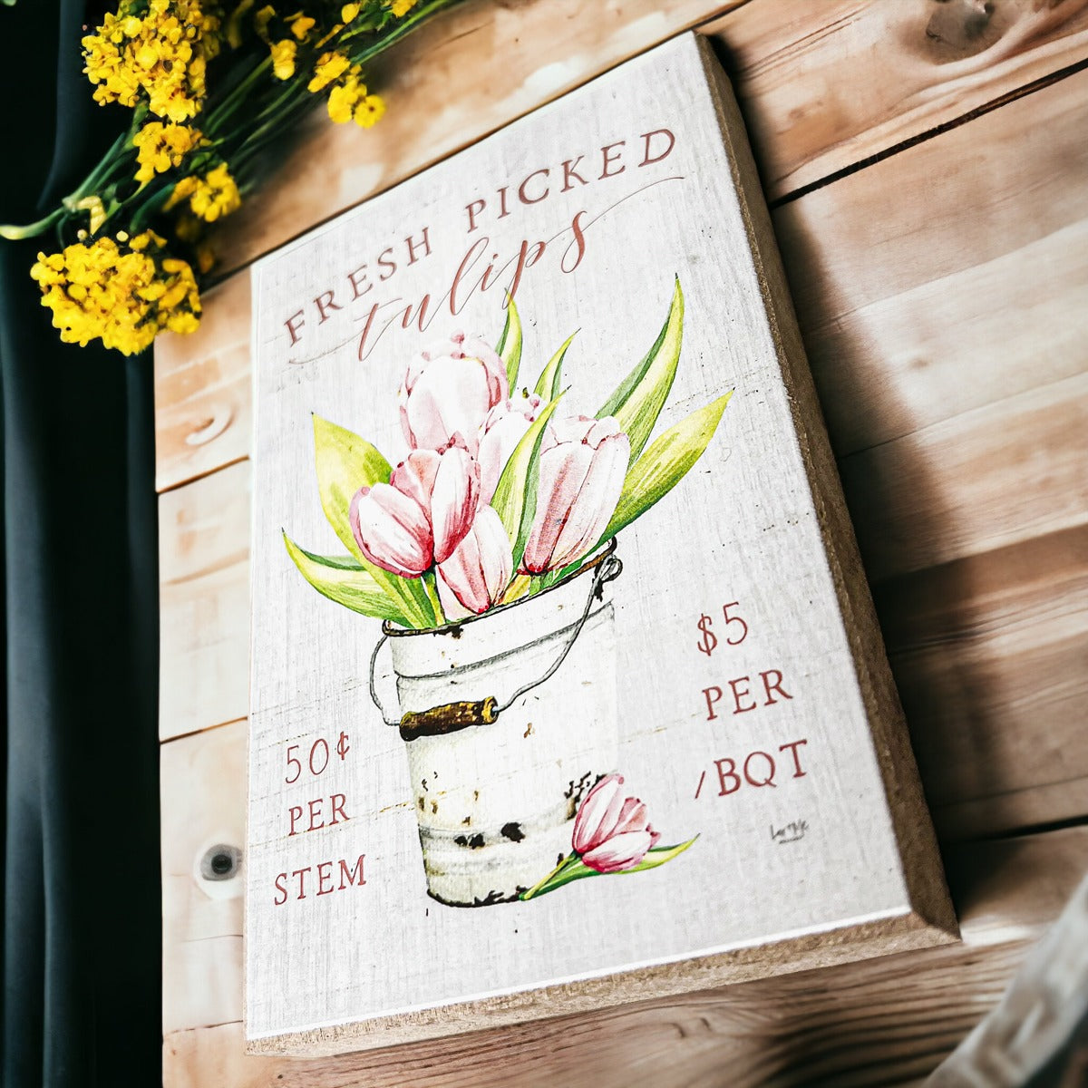 Fresh Tulips Wooden Block Sign Spring Summer Farmhouse Floral Home Decor Rustic Shelf Sitter