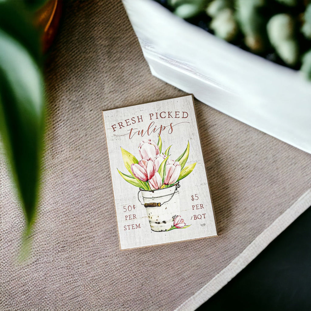 Fresh Tulips Wooden Block Sign Spring Summer Farmhouse Floral Home Decor Rustic Shelf Sitter