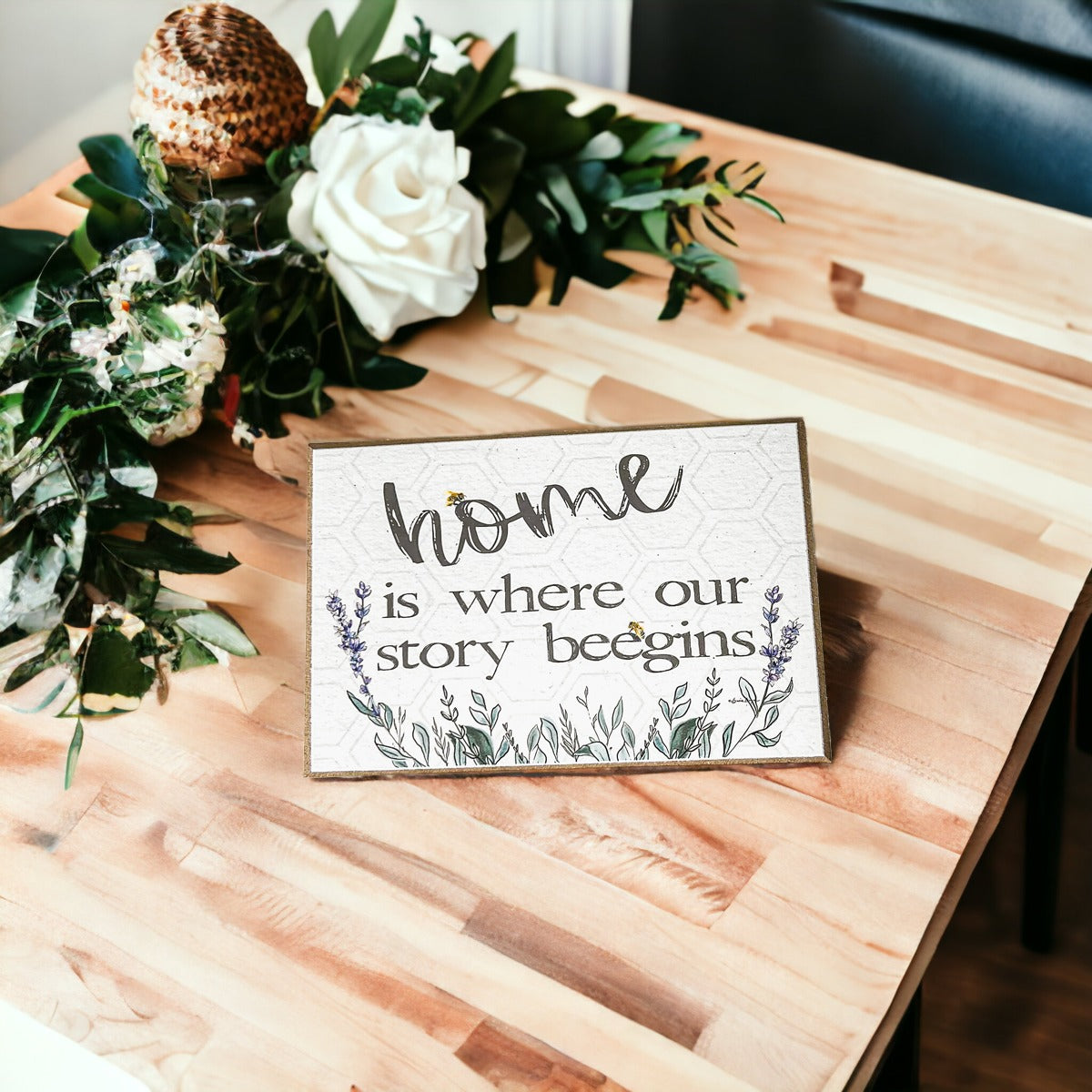 Home BeeGins Wooden Block Sign 6x4x1 Rustic Bee Home Decor Spring Summer BandsCo Straps