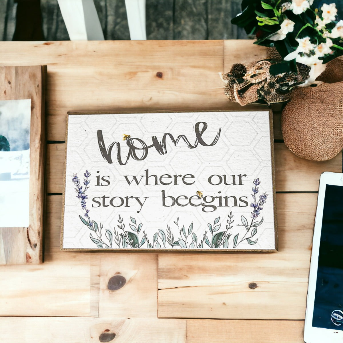 Home BeeGins Wooden Block Sign 6x4x1 Rustic Bee Home Decor Spring Summer BandsCo Straps