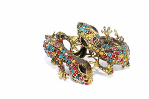 Sparkling Salamander Crystal Hinged Bangle Gold Tone