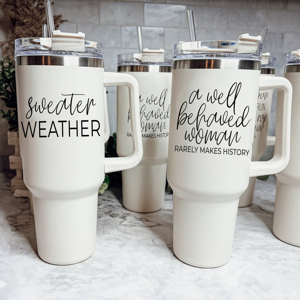 Insulated 40oz Travel Mug With Handle, Lid & Straw - Sweater Weather Fall Mug BandsCo Straps