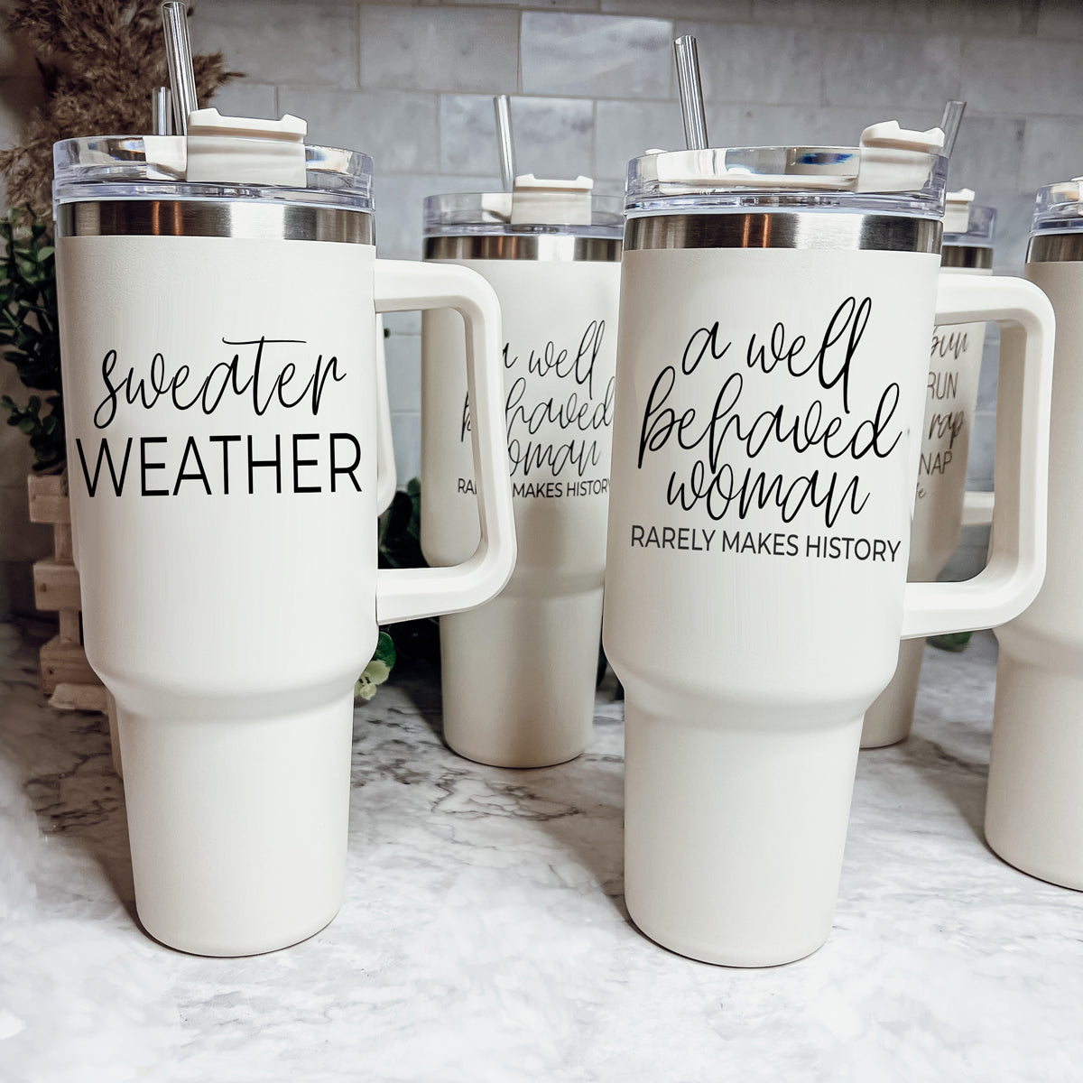 Insulated 40oz Travel Mug With Handle, Lid & Straw - Sweater Weather Fall Mug BandsCo Straps