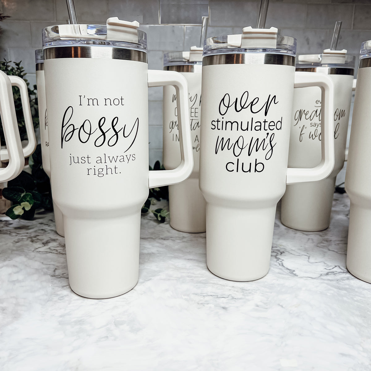 Over Stimulated 40oz Insulated Travel Mug With Handle Lid Straw Moms Tumbler BandsCo Straps