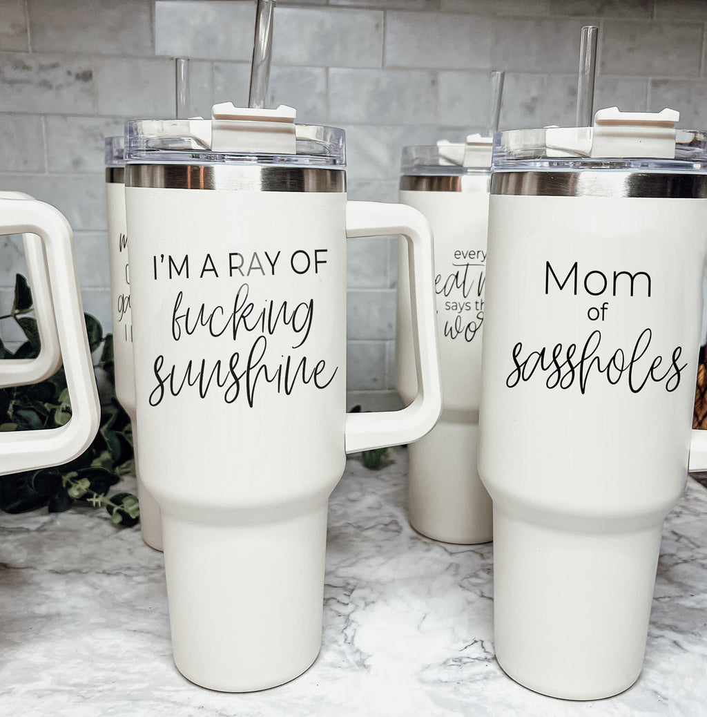Ray Of Sunshine 40oz Insulated Travel Mug With Handle Lid And Straw BandsCo Straps