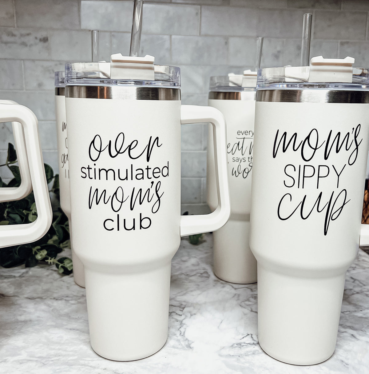 Over Stimulated 40oz Insulated Travel Mug With Handle Lid Straw Moms Tumbler BandsCo Straps