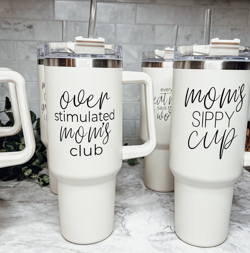 Mom Sippy Cup 40oz Insulated Travel Mug With Handle Lid And Straw BandsCo Straps