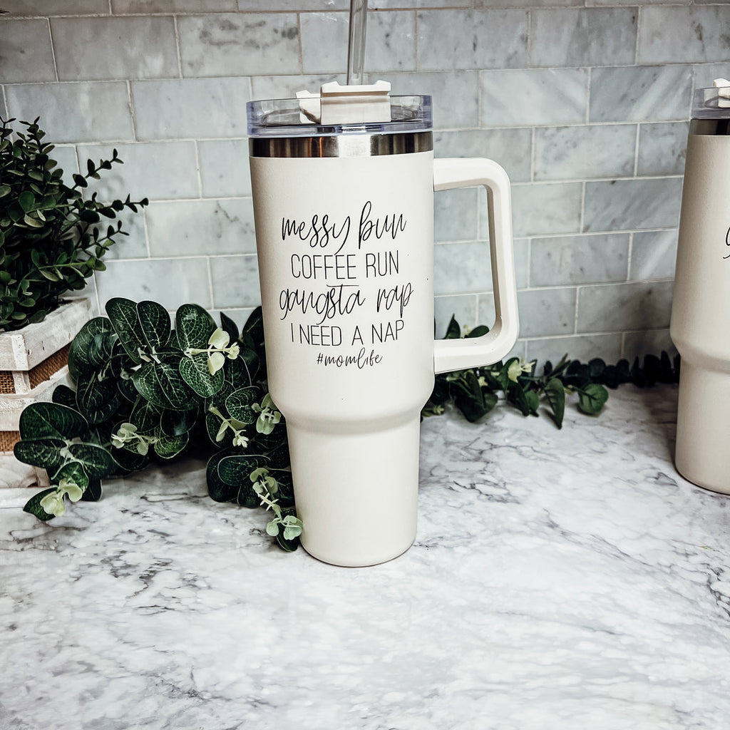 Messy Bun Mom 40oz Insulated Travel Tumbler With Handle Lid Straw - Mom Life BandsCo Straps
