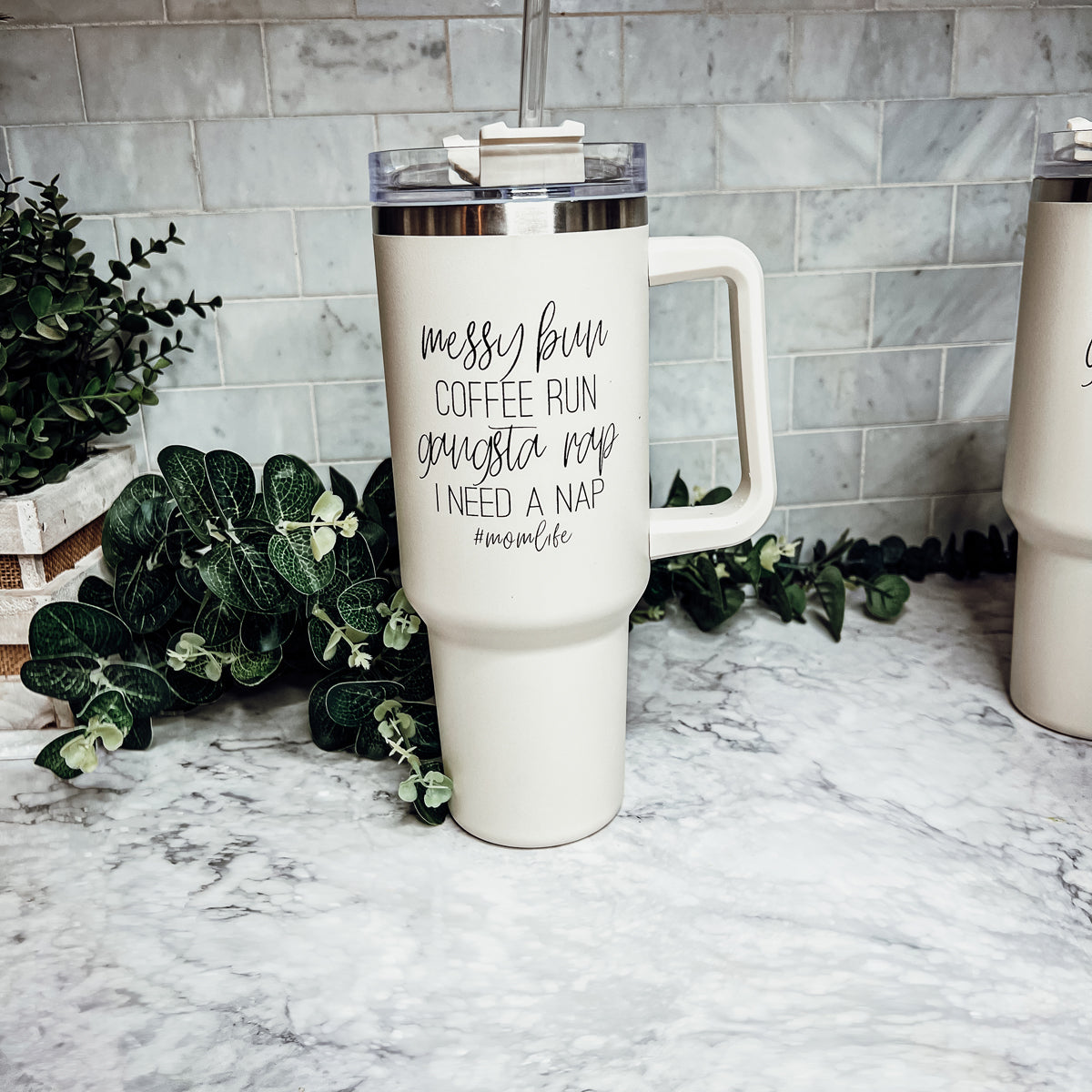 Messy Bun Mom 40oz Insulated Travel Tumbler With Handle Lid Straw - Mom Life BandsCo Straps