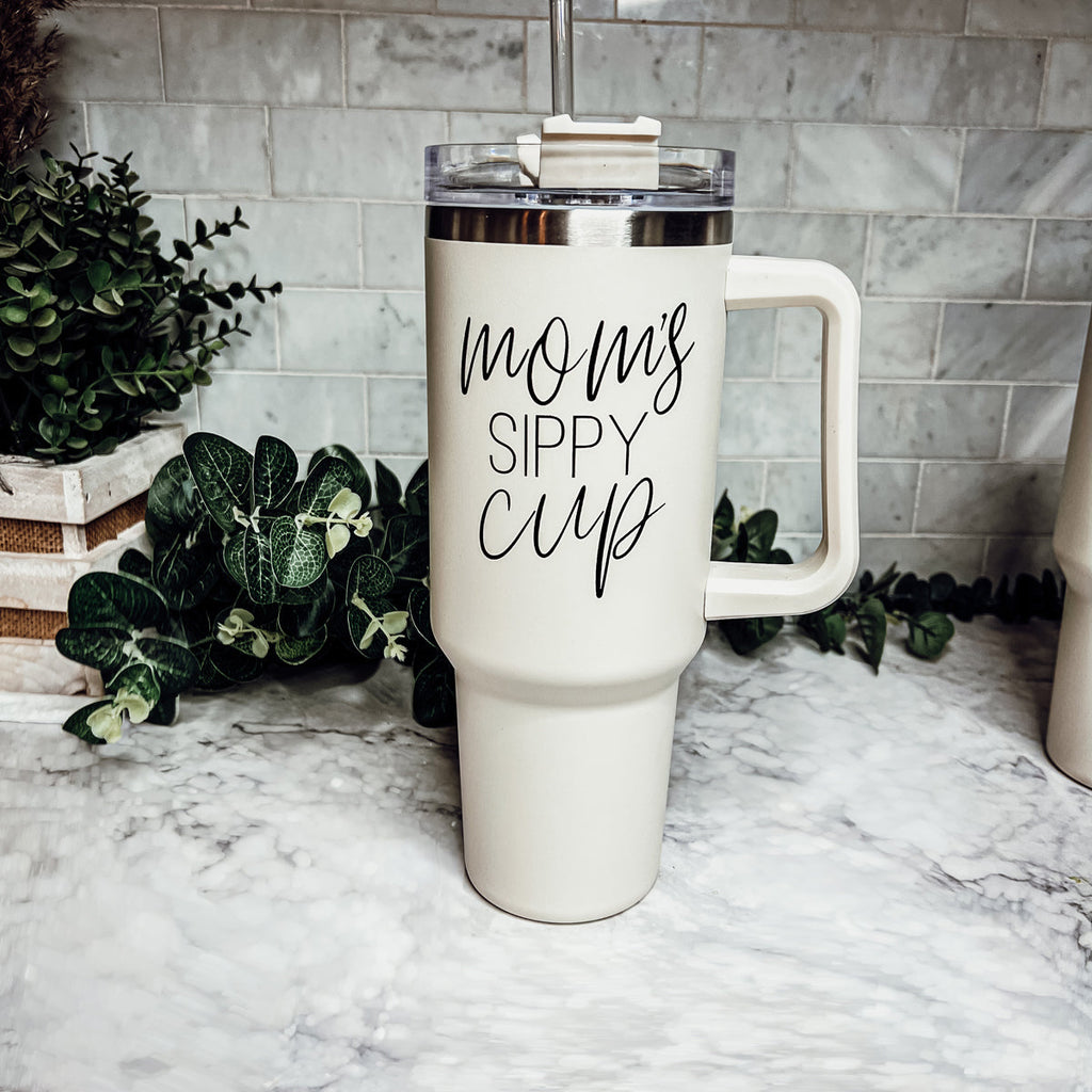Mom Sippy Cup 40oz Insulated Travel Mug With Handle Lid And Straw BandsCo Straps