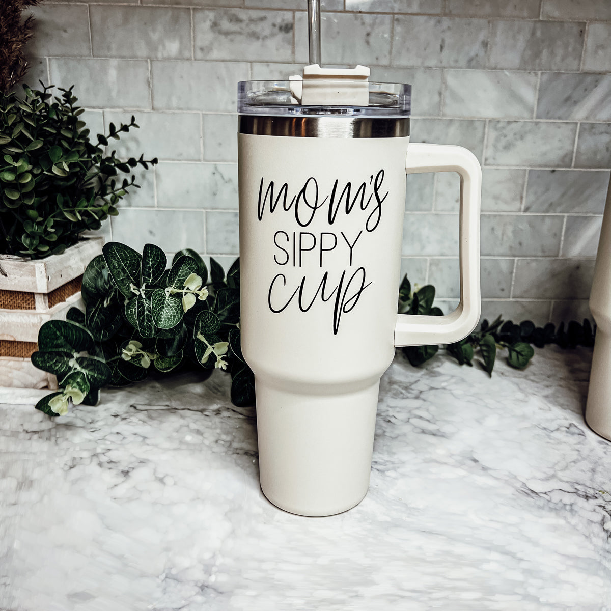 Mom Sippy Cup 40oz Insulated Travel Mug With Handle Lid And Straw BandsCo Straps