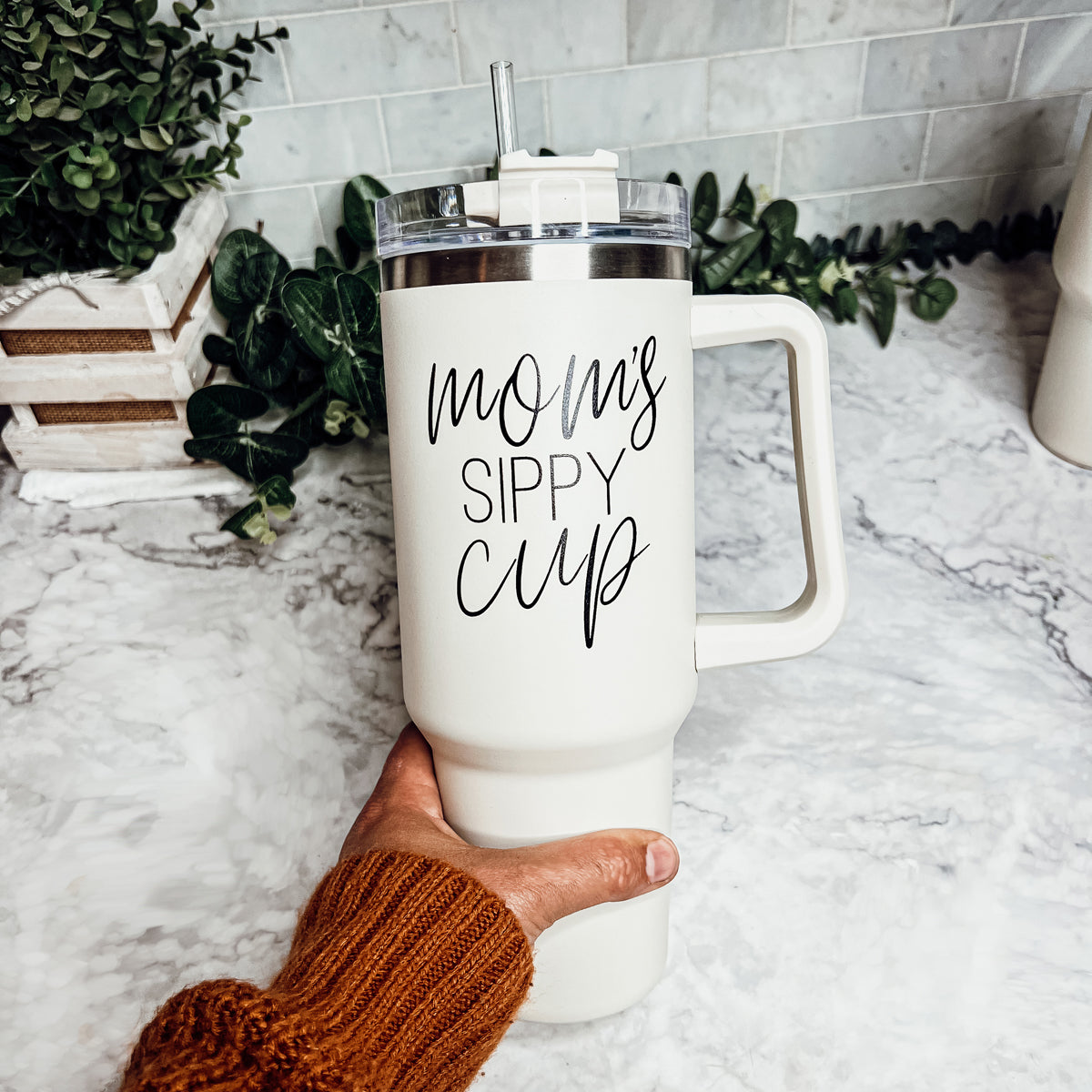 Mom Sippy Cup 40oz Insulated Travel Mug With Handle Lid And Straw BandsCo Straps