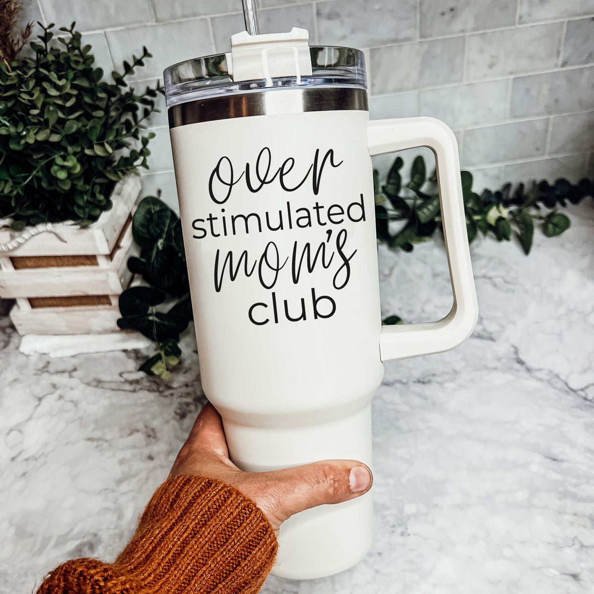 Over Stimulated 40oz Insulated Travel Mug With Handle Lid Straw Moms Tumbler BandsCo Straps