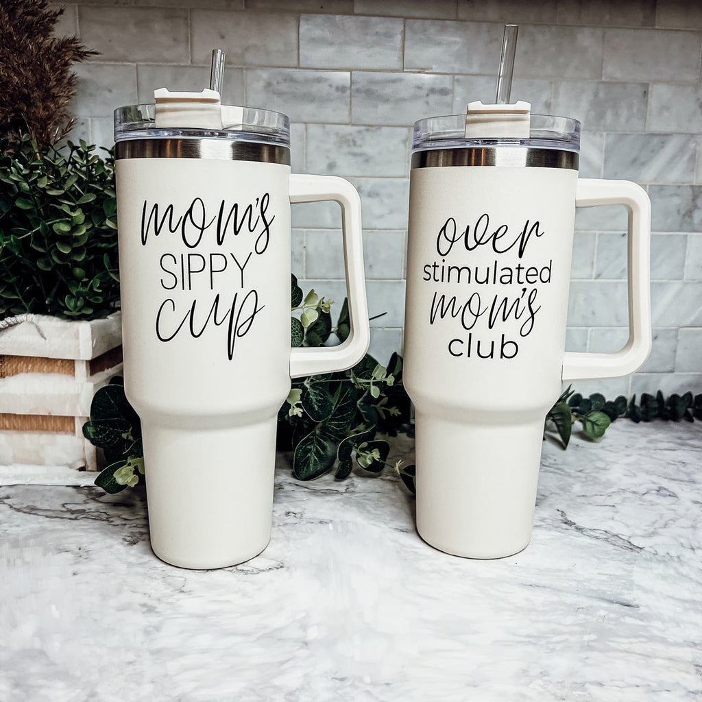 Mom Sippy Cup 40oz Insulated Travel Mug With Handle Lid And Straw BandsCo Straps