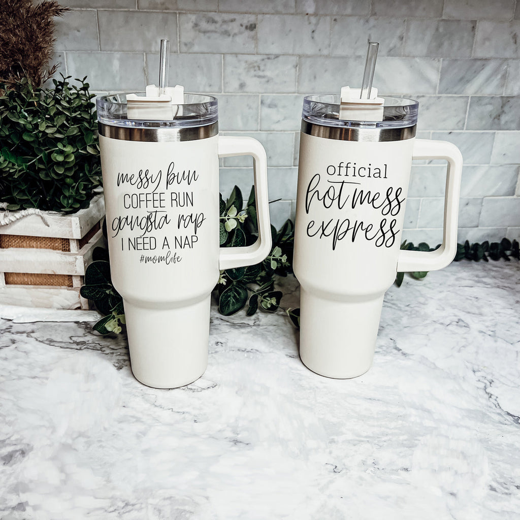 Messy Bun Mom 40oz Insulated Travel Tumbler With Handle Lid Straw - Mom Life BandsCo Straps