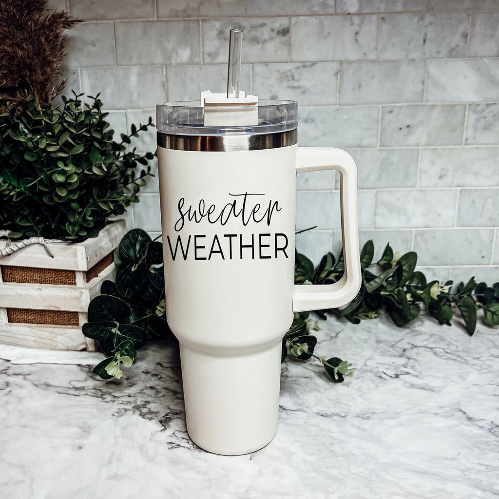 Insulated 40oz Travel Mug With Handle, Lid & Straw - Sweater Weather Fall Mug BandsCo Straps