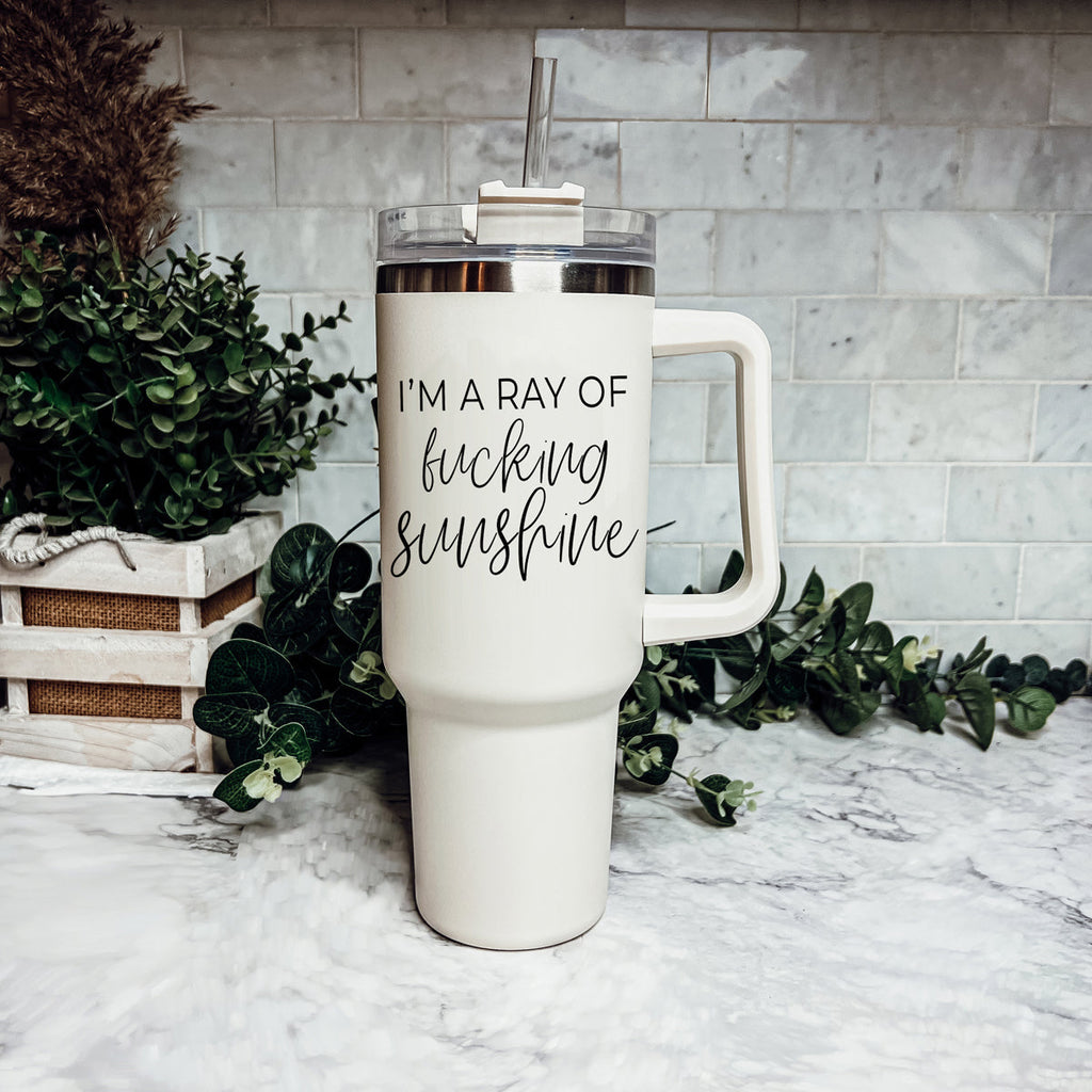 Ray Of Sunshine 40oz Insulated Travel Mug With Handle Lid And Straw BandsCo Straps