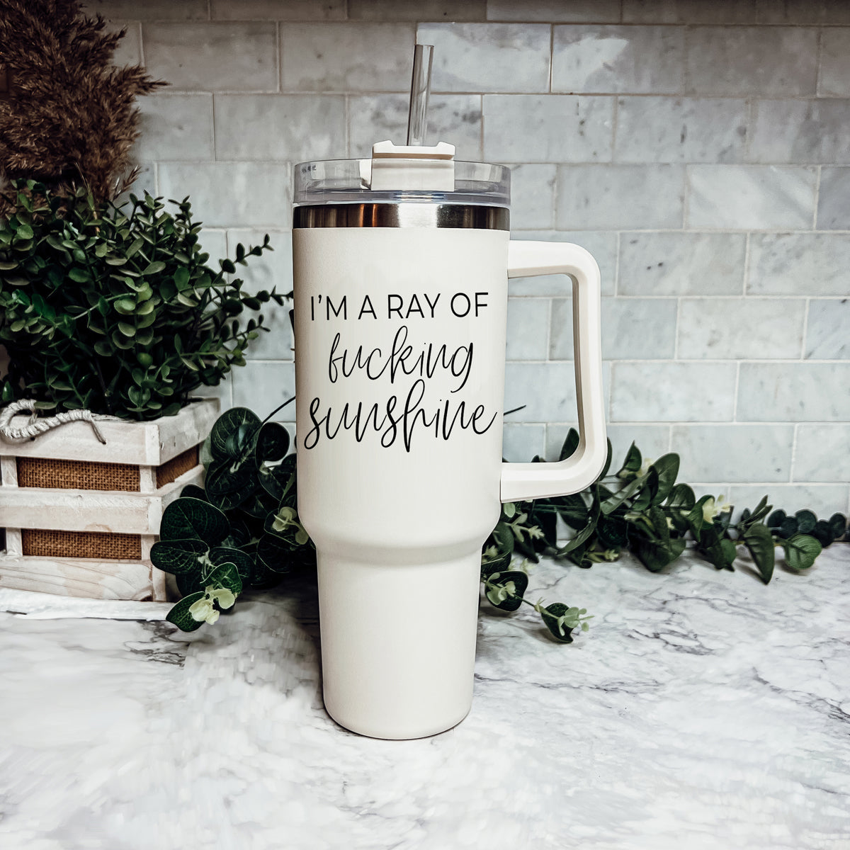 Ray Of Sunshine 40oz Insulated Travel Mug With Handle Lid And Straw BandsCo Straps