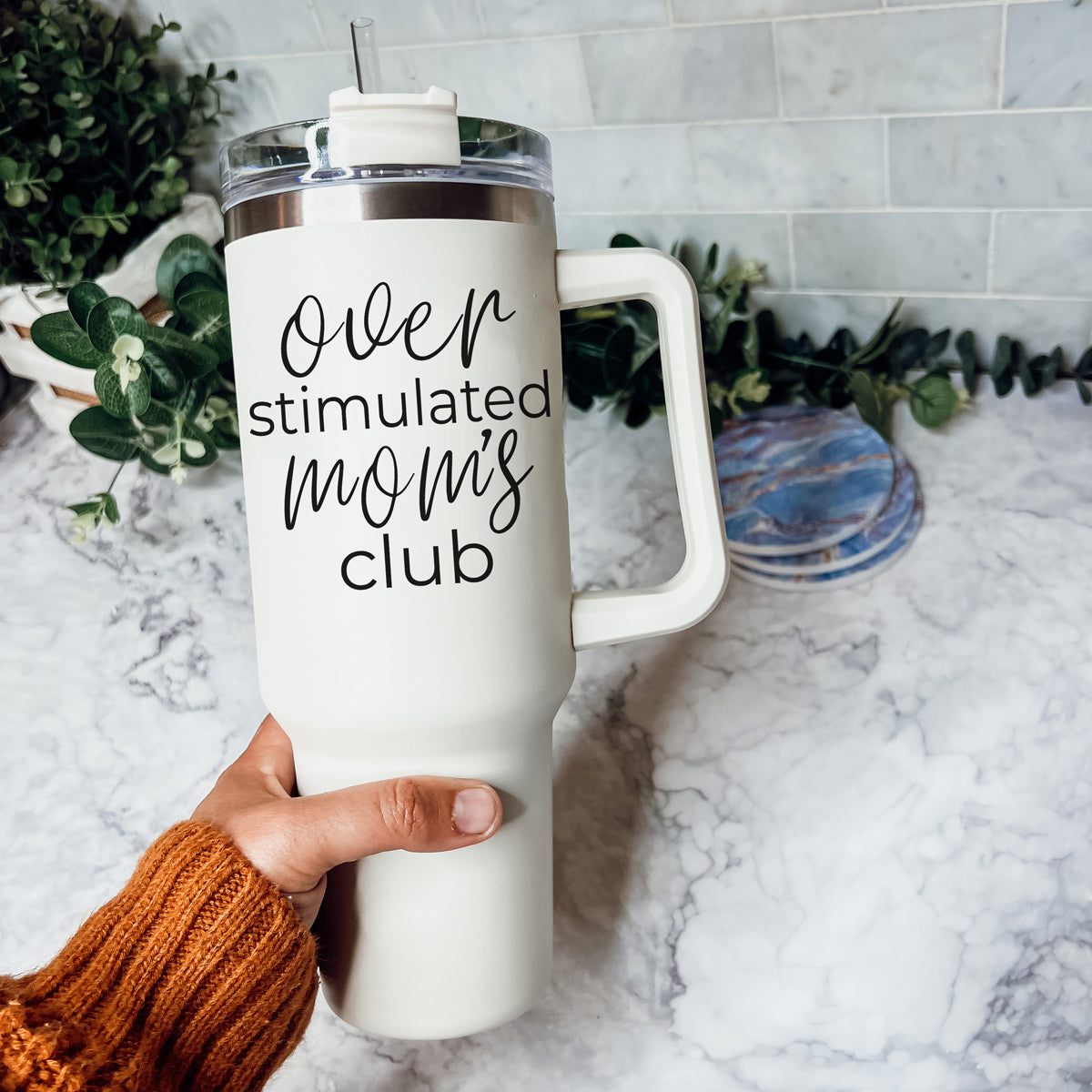 Over Stimulated 40oz Insulated Travel Mug With Handle Lid Straw Moms Tumbler BandsCo Straps