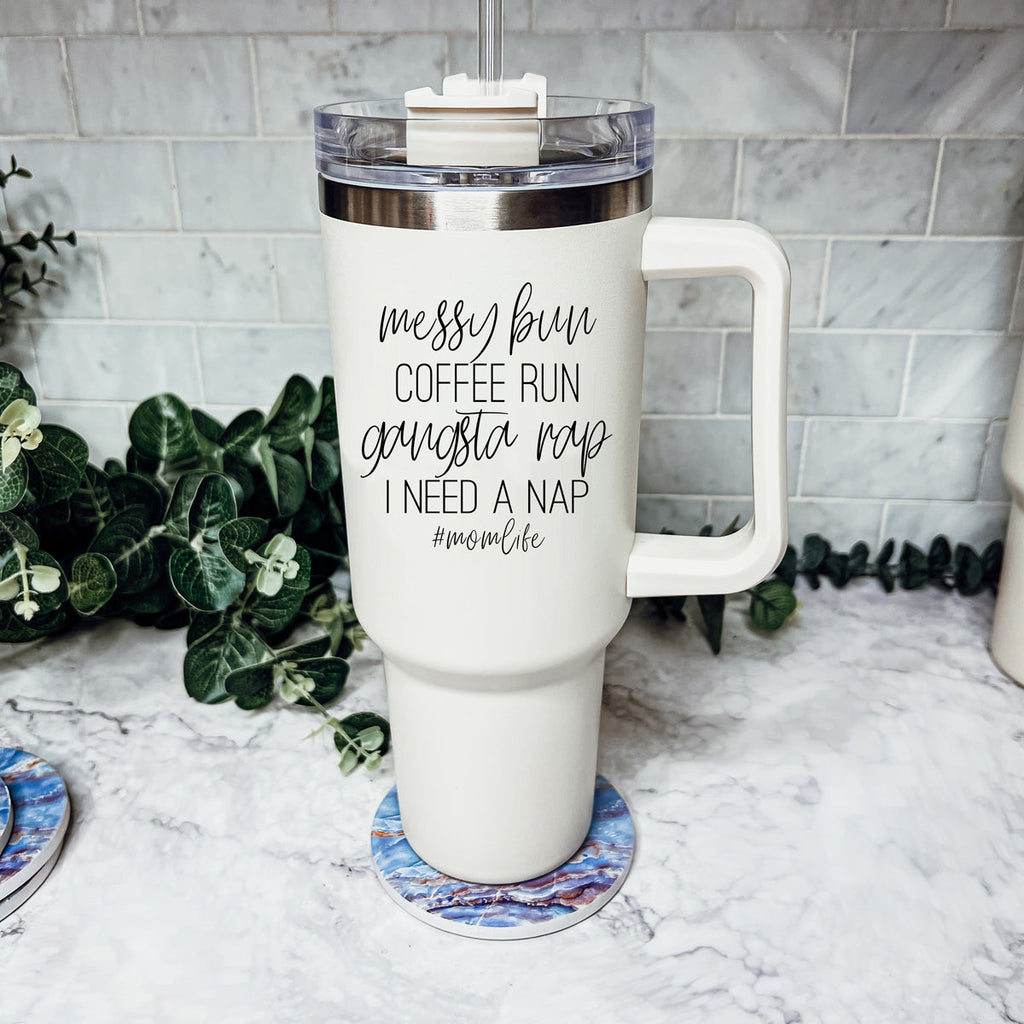 Messy Bun Mom 40oz Insulated Travel Tumbler With Handle Lid Straw - Mom Life BandsCo Straps