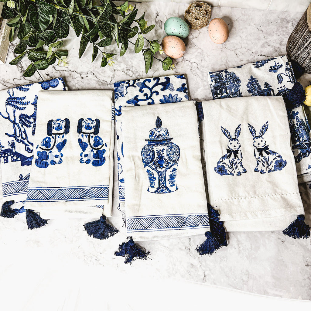 Chinoiserie Tea Towels 100% Cotton Oversized Embroidered Dish Towels Tassels BandsCo Straps