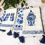 Chinoiserie Tea Towels 100% Cotton Oversized Embroidered Dish Towels Tassels BandsCo Straps