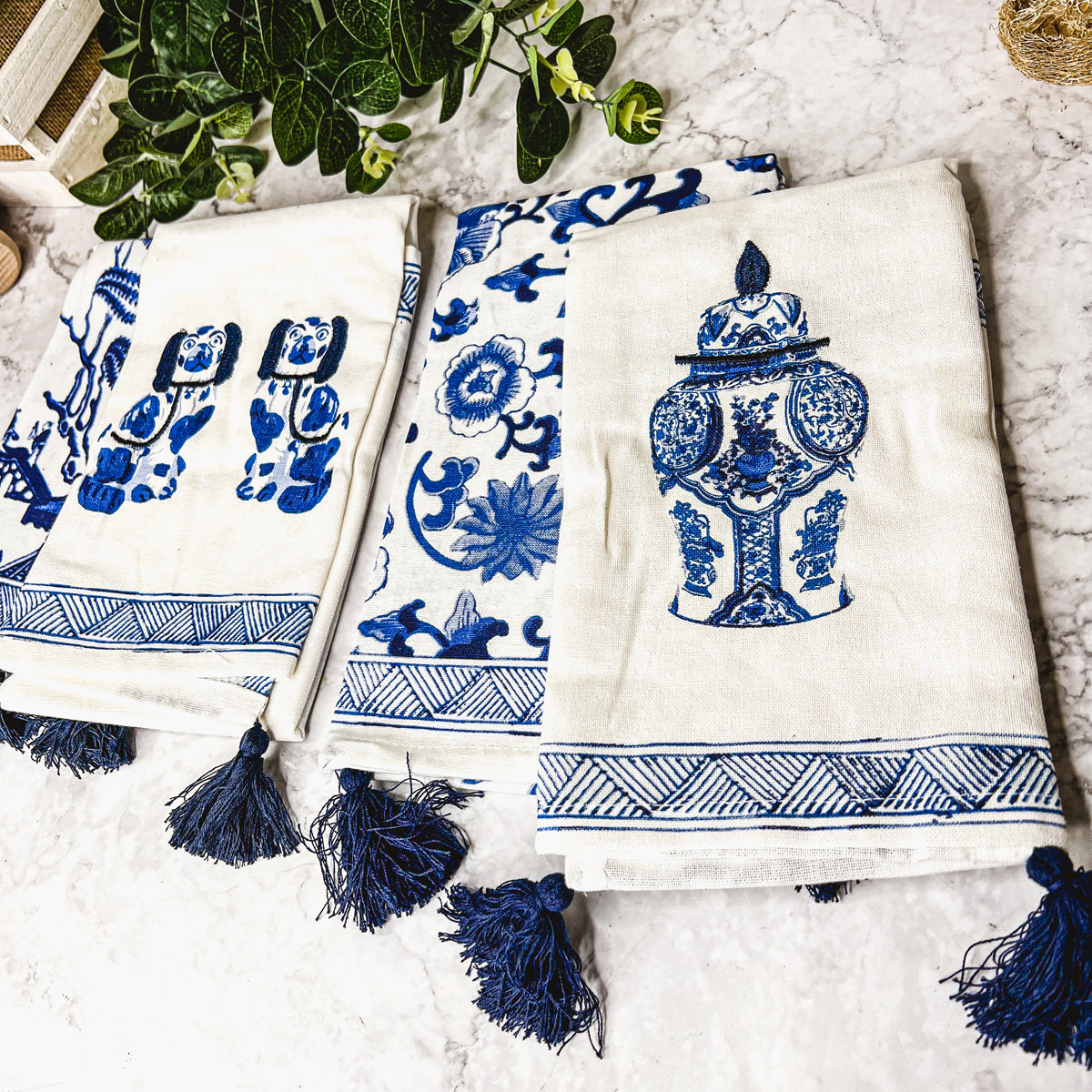 Chinoiserie Tea Towels 100% Cotton Oversized Embroidered Dish Towels Tassels BandsCo Straps