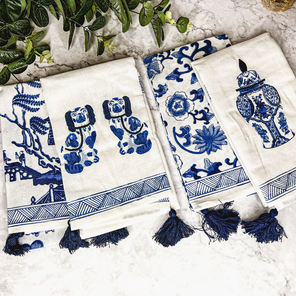 Chinoiserie Tea Towels 100% Cotton Oversized Embroidered Dish Towels Tassels BandsCo Straps