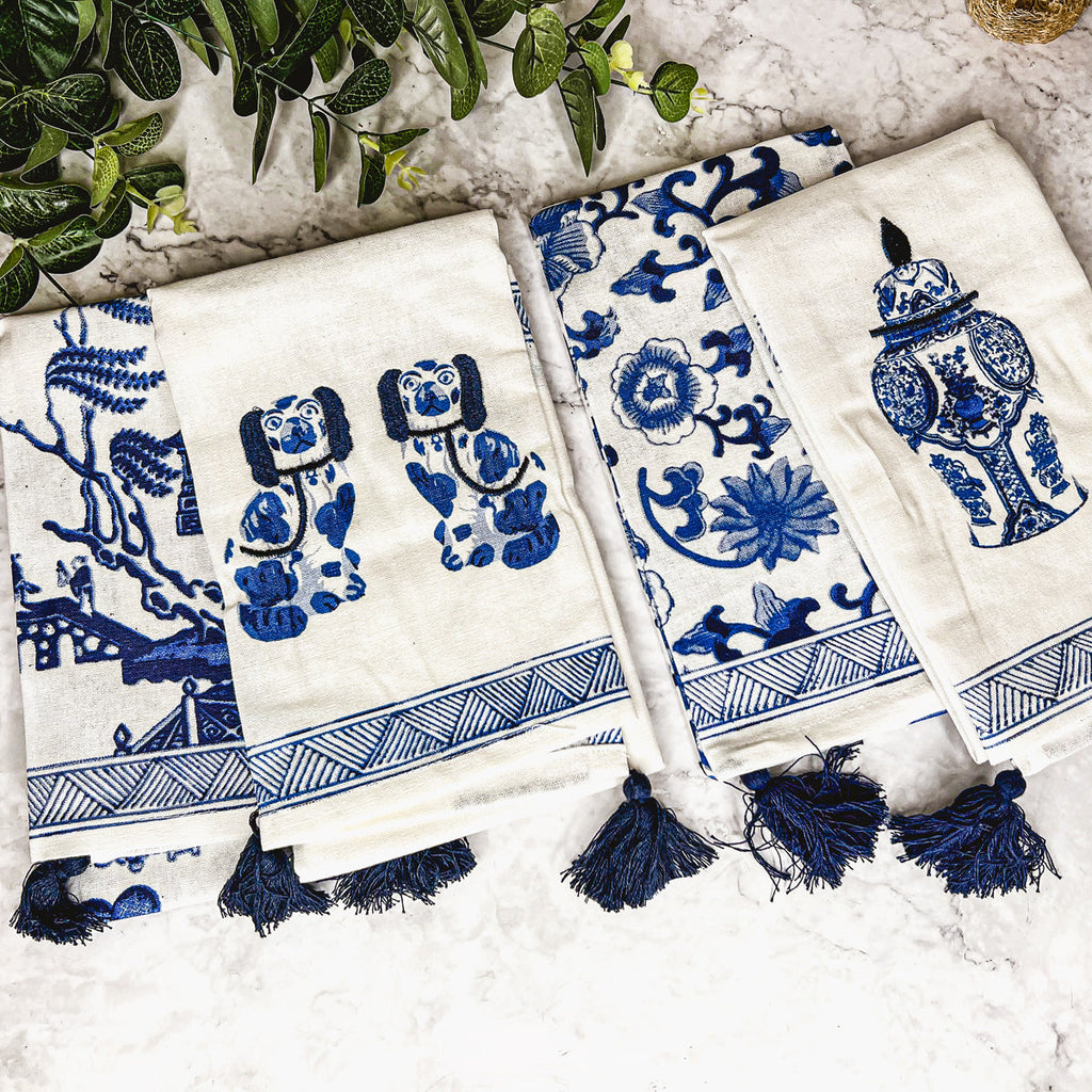 Chinoiserie Tea Towels 100% Cotton Oversized Embroidered Dish Towels Tassels BandsCo Straps