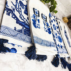 Chinoiserie Tea Towels 100% Cotton Oversized Embroidered Dish Towels Tassels BandsCo Straps